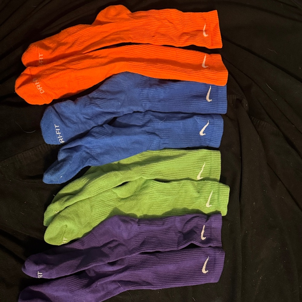 Orange, blue, green, purple NIKE socks